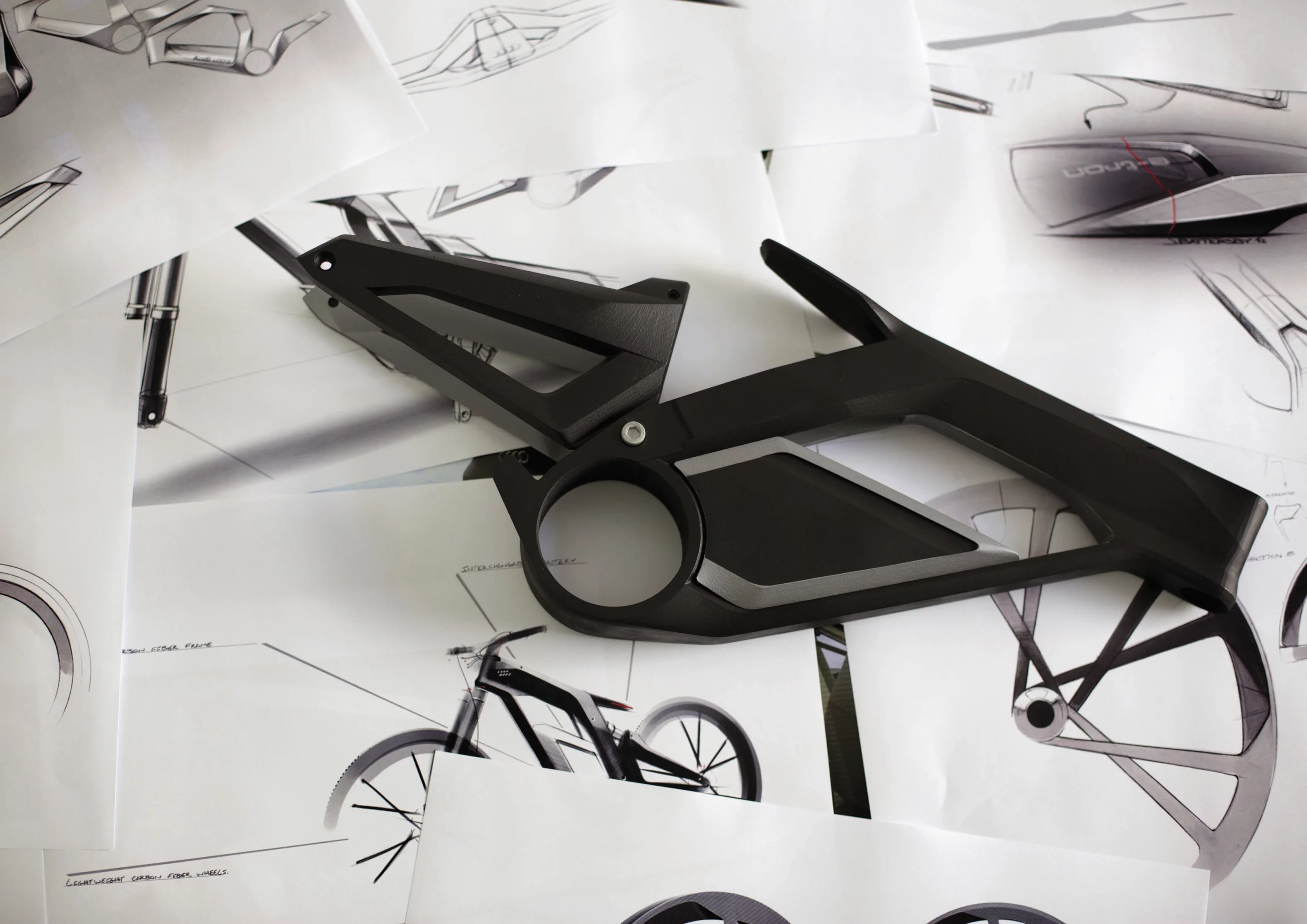 Detailed sketches and specimen components for the Audi e-bike Wörthersee