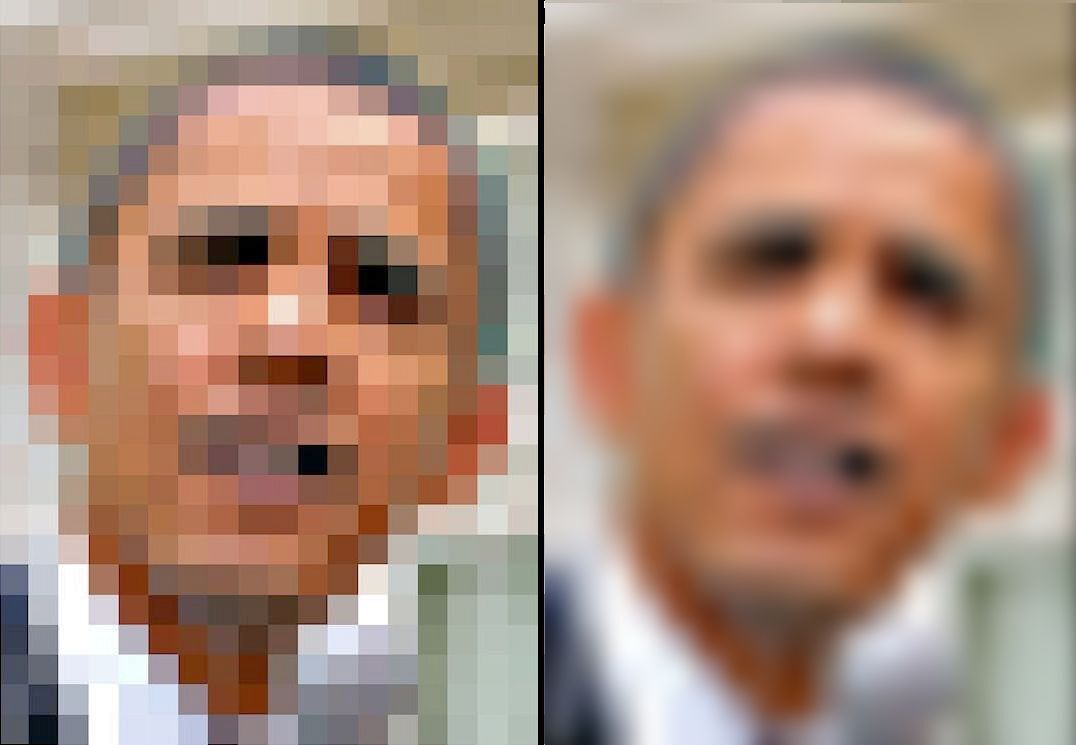 The President of the United States in 16 x 20 pixel resolution – a blurred, yet clearer, version appears on the right (Photo: University of York)
