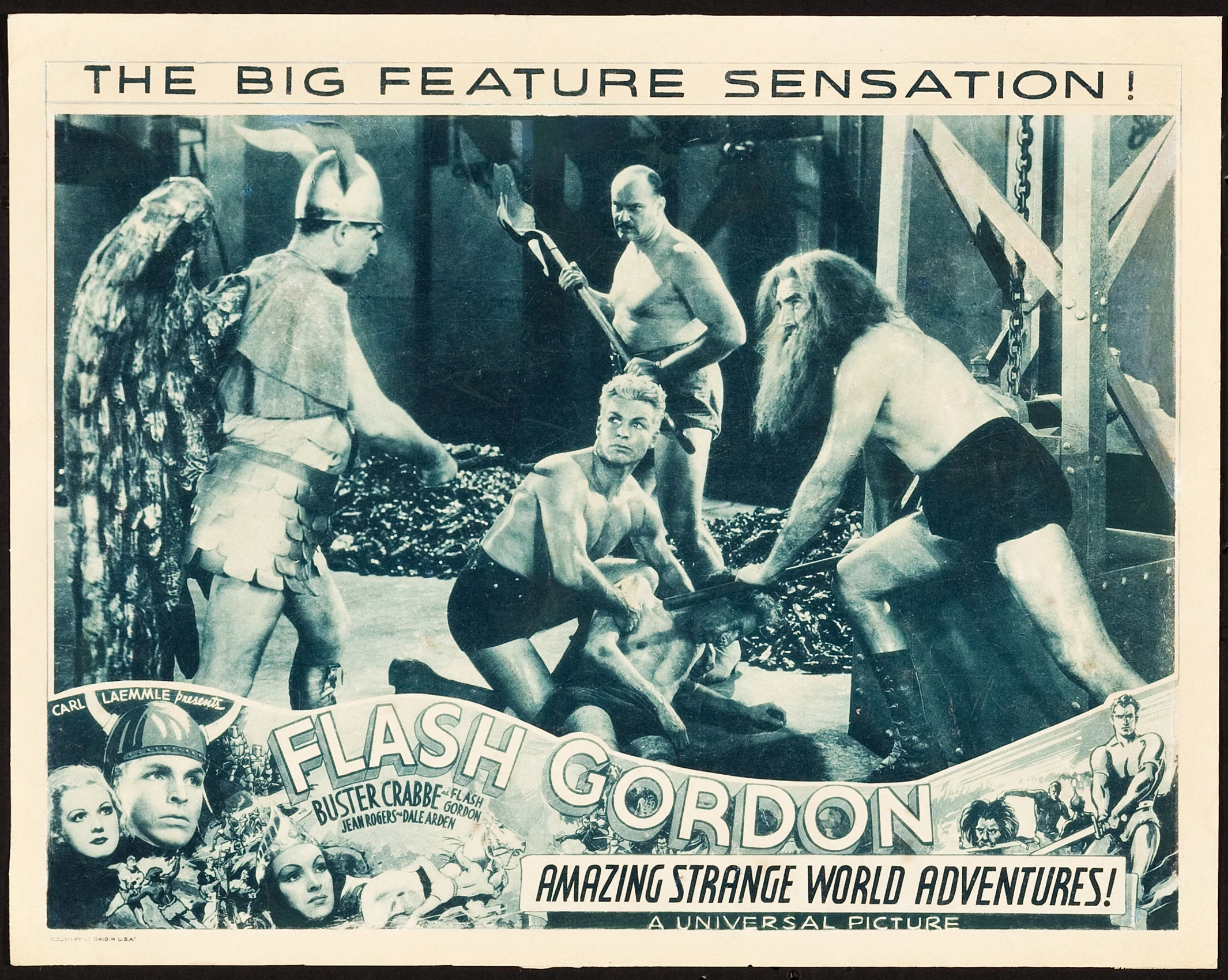 Flash Gordon was featured in three serial films: Flash Gordon (1936), Flash Gordon's Trip to Mars (1938), and Flash Gordon Conquers the Universe (1940). These movie serials were popular during the first half of the 20th century, consisting of a series of weekly episodes exhibited in consecutive order at theaters during the “shorts.” Each episode ended in a “cliffhanger” which helped to entice the audience back to the movie theater the following week for the next feature film, making the extremely popular Flash Gordon important to generating box office in movie theaters as audiences followed his adventures over months. Lobby cards such as this were important in promoting the next episode of the serial and are now highly sought after by collectors