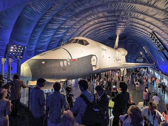 The Space Shuttle Enterprise inside its display pavilion at the Intrepid museum (Photo: NASA)