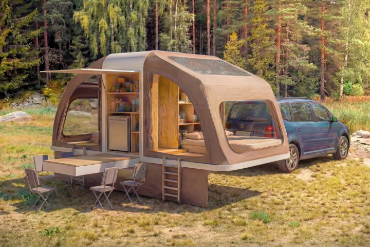 Wingcube is still finalizing the design, but so far it includes two tented side bedrooms and a central outdoor dining/storage/kitchen area