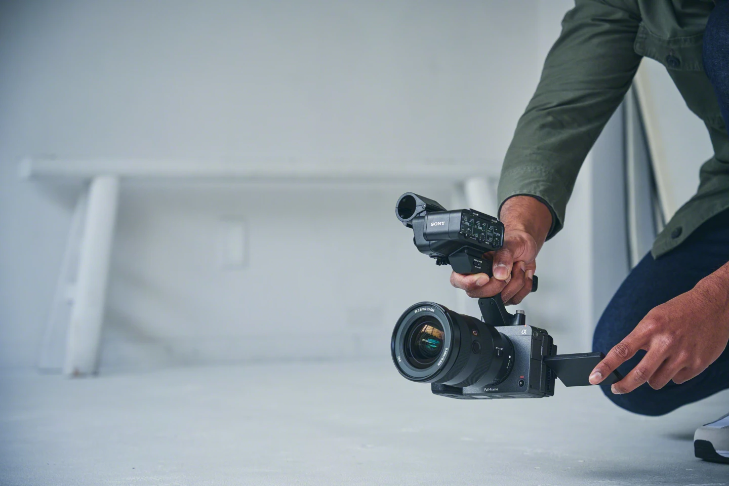 The FX3 comes with a XLR handle that attaches to the shoe mount