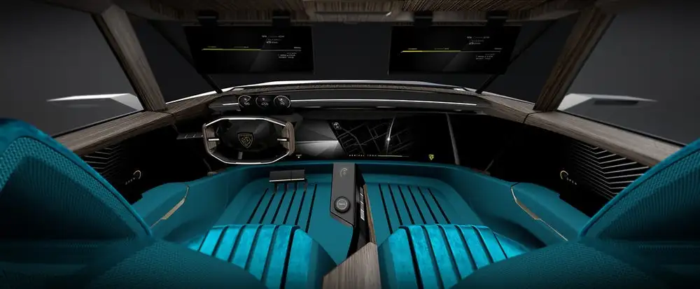 Peugeot packs the e-Legend interior with no less than 16 digital displays, including a 49-in dashboard display and a pair of 12-in displays in the sun visors