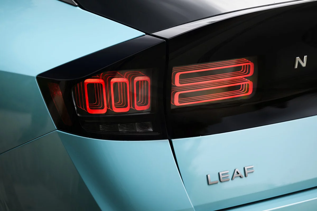 The 2026 LEAF sports the trademark "3D" taillights that stack two on top of each other on the liftgate side and three side-by-side on the body side