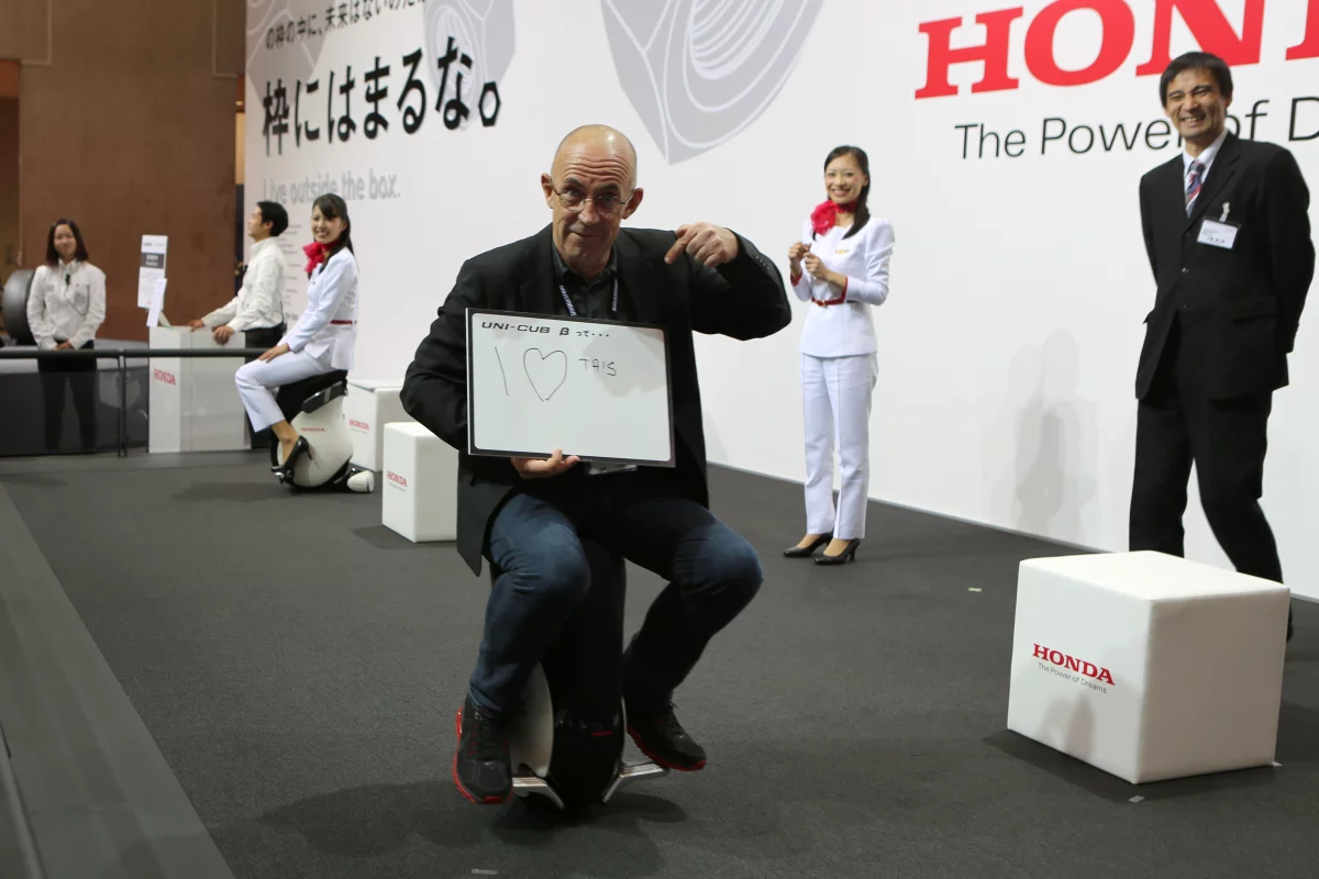 The Honda UNI-CUB β has no conventional accelerator, brake or steering mechanism, yet it is the easiest vehicle to use that I have ever encountered and in use feels nearly "telepathic" or "mind-controlled" with a degree of difficulty of ZERO (Photo: Stephen Clemenger / Lets C Design)