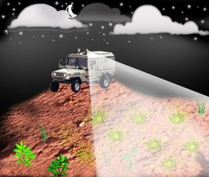 Remote detection of buried landmines is a potential application for the system, which detects buried landmines using a bacterial sensor and a laser-based scanning system