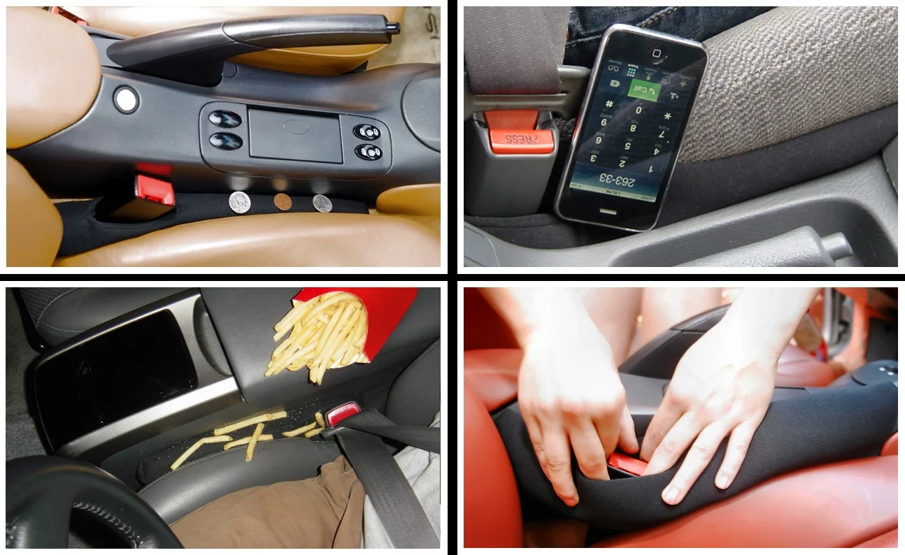 The Drop Stop is designed to keep objects from falling into the gap between the side of a car's seat cushion and the center console