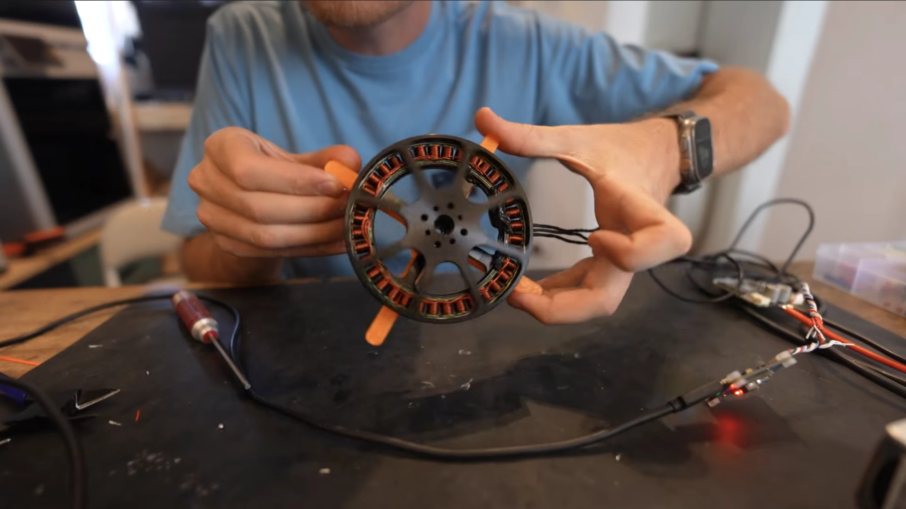 The T-Motor MN105 V2 Anti-Gravity at 90 KV is the smallest and lightest unit still capable of turning those huge blades at the required speed