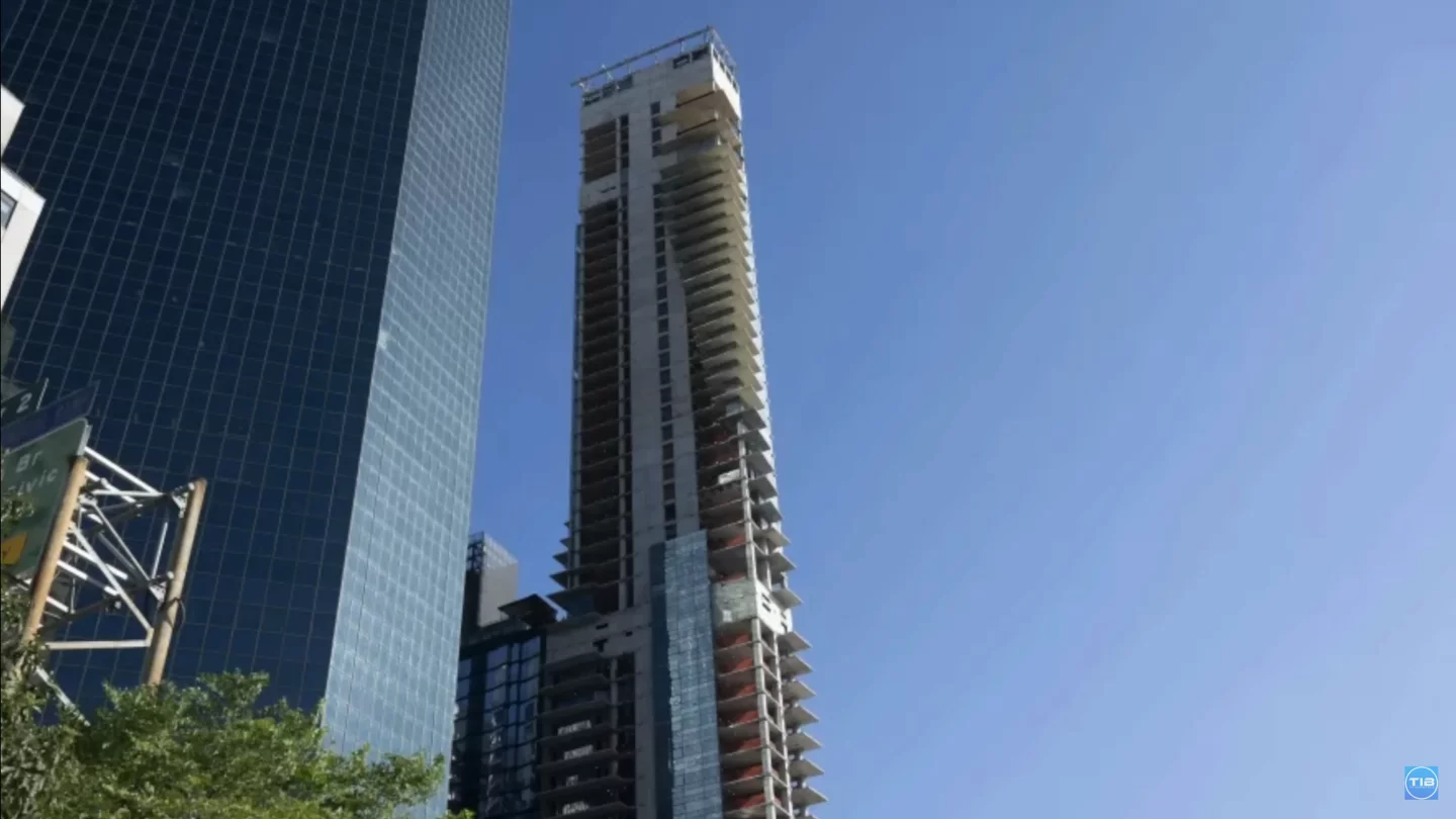 The unfinished and leaning building remains an unfinished eyesore to those who work near 161 Maiden Lane, the site of One Seaport