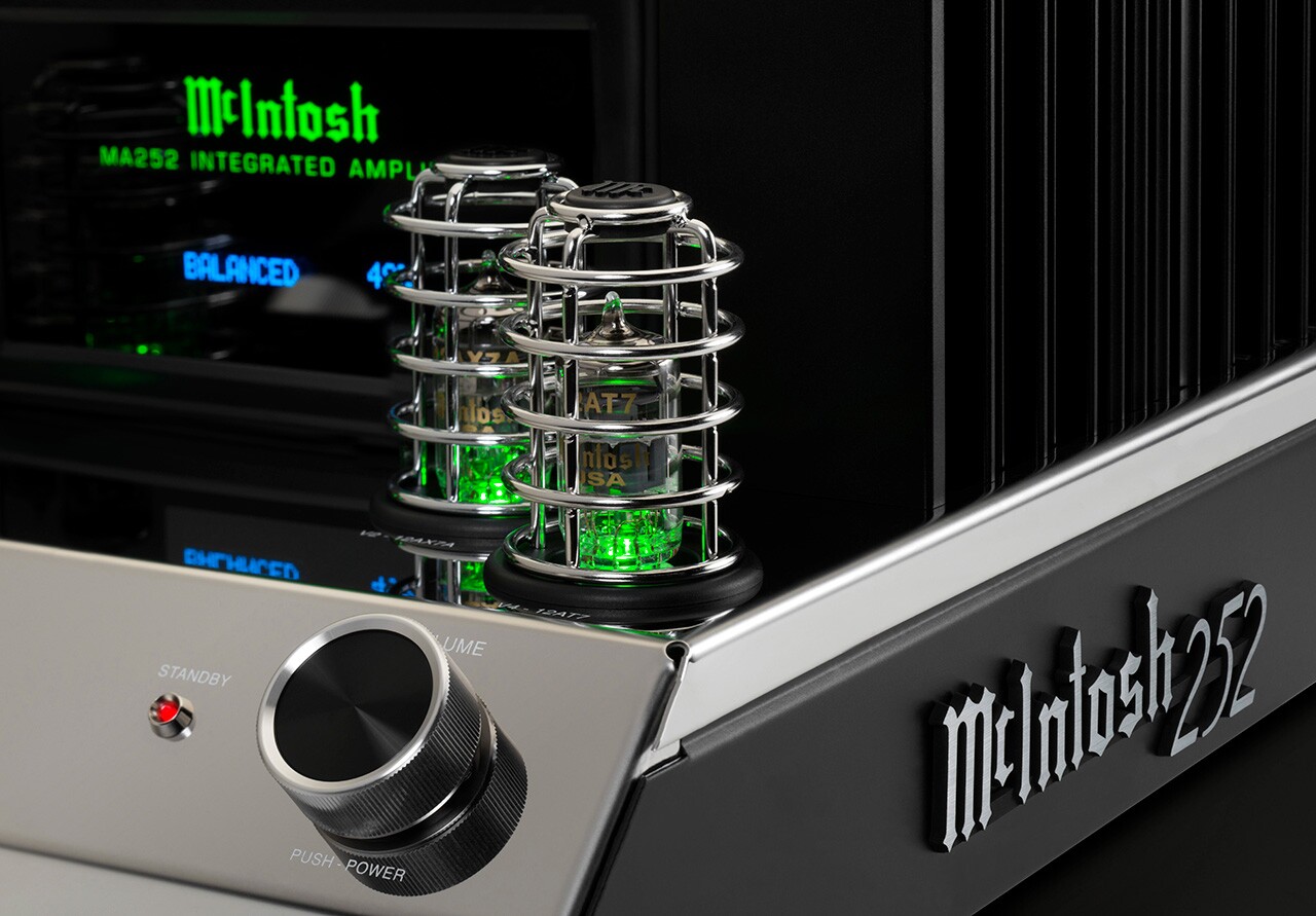The MA252's 12AX7a and 12AT7 vacuum tubes are protected by cages to the top of the stainless steel chassis