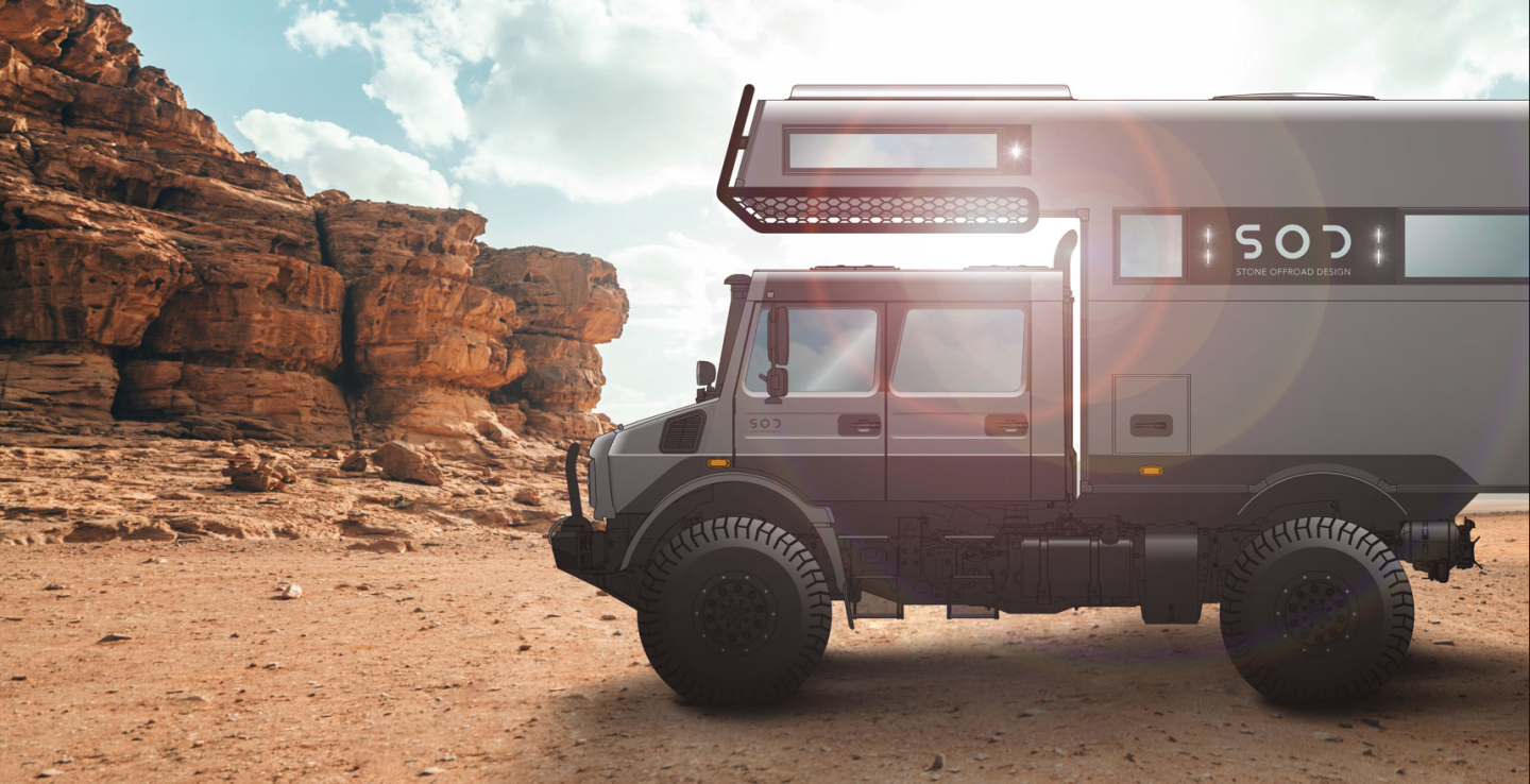 SOD combines a crew-cab Unimog with a custom-built alcove motorhome pod