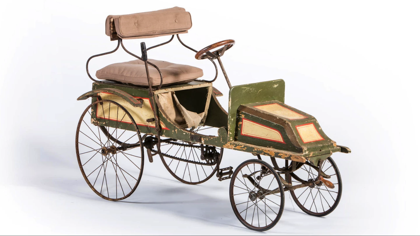 This children's car was built circa 1904 and has suspension, rudimentary brakes and a wooden steering wheel. It will need a full restoration, but it's a toy that will be cherished and kept and might one day assist with a college fund, as it will almost certainly appreciate in value. | Estimate: €2,500 to €3,500 | Auction Link: Bonhams