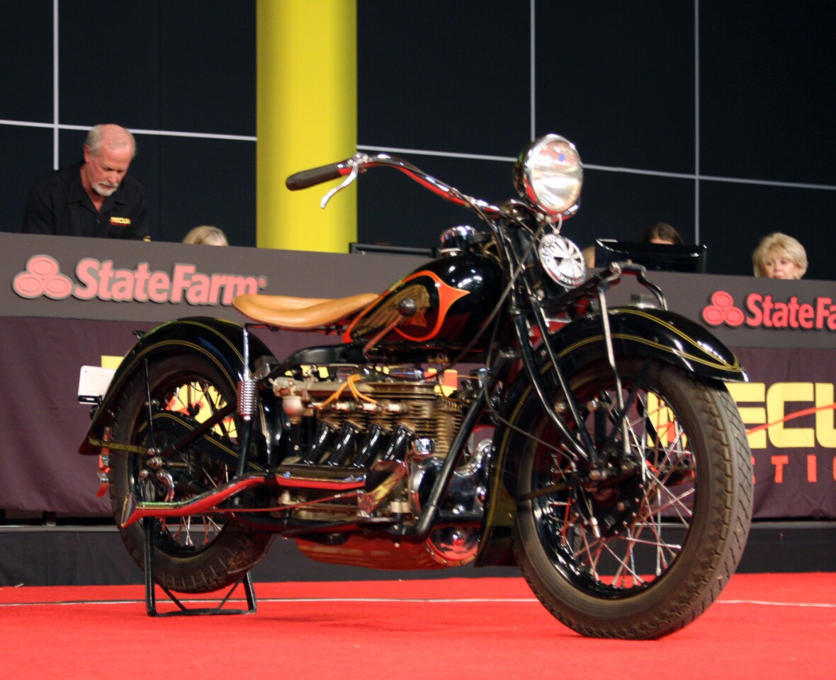 This 1935 Indian Model 435 four-cylinder, serial #DCE205M, is a magneto-igniton model and a rare machine, being produced for only half a year, before the new (and unloved) ‘upside down’ engine was introduced. It bears the beautifully skirted fenders and streamlined tank, which made the mid-'30s Indian range among the most beautiful motorcycles ever built. Estimated at $75,000 to $90,000, it sold for $126,500