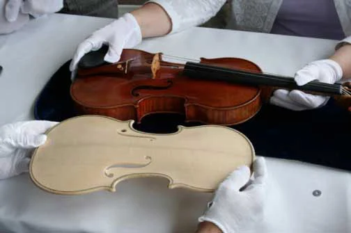 Photograph comparing the original Stradivari Betts violin with the carved plate of the reproduction. (Photo: RSNA)