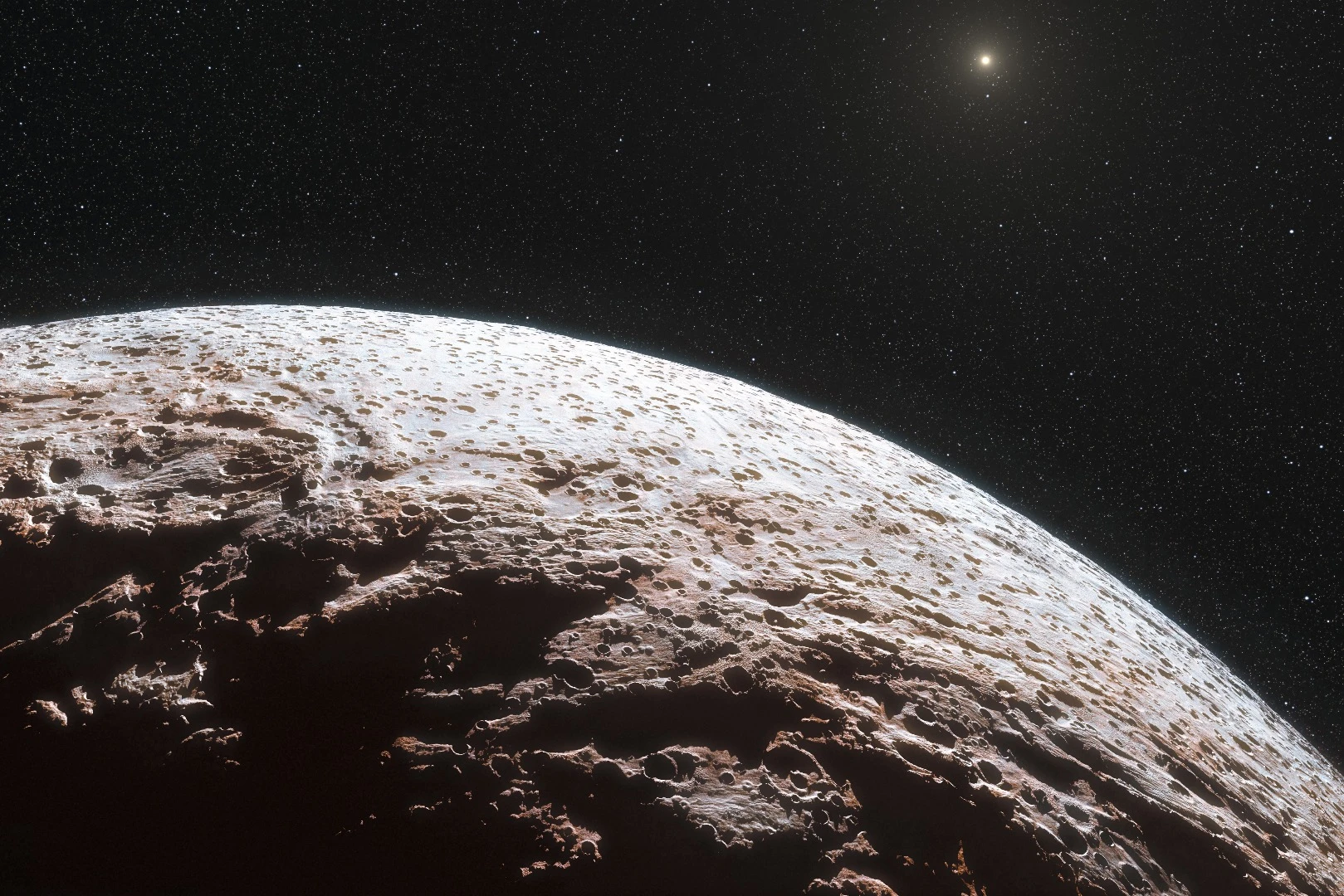This artist’s impression shows the surface of the distant dwarf planet Makemake