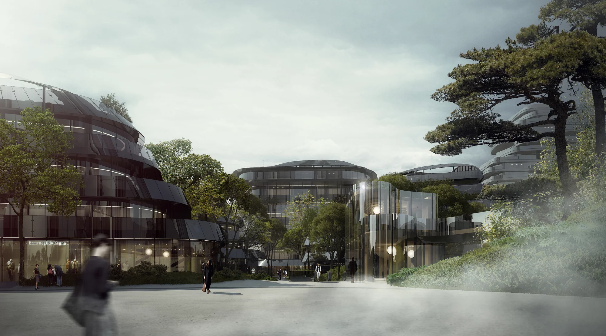 Finer details are still lacking at this stage, but the renders depict a green and futuristic complex (Image: MAD)