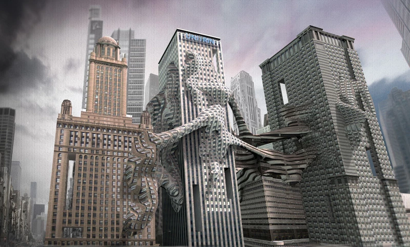 Honorable mention: Skinscape, Morphing Contiguous Skyscrapers by Woongyeun Park, Jaegeun Lim, Haejun Jung, Karam Kim. We're not entirely sure what's happening here, but it was inspired by the overgrowth of Banyan trees at Angkor Wat