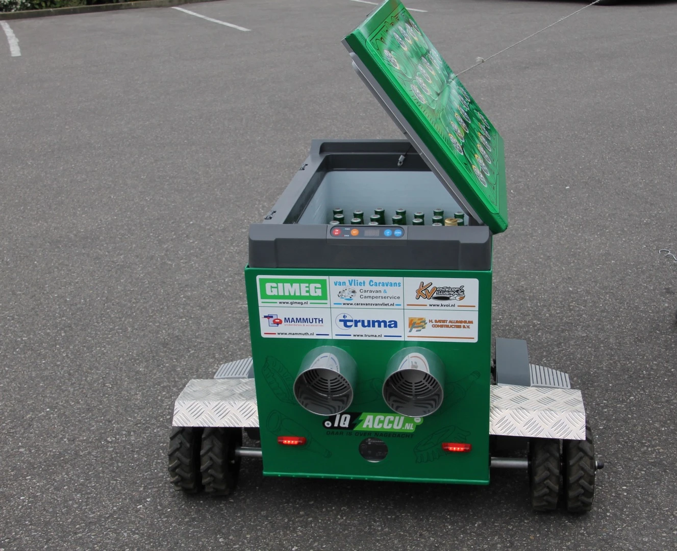 This homemade beer-tender uses a Truma XT trailer mover to power a Dometic refrigerator around camp