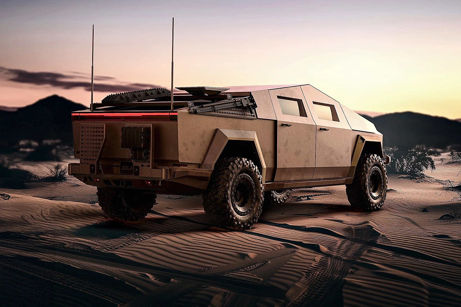 The base level Sting Baja brings steel bumpers, extra lighting and MOLLE panels but lacks the heavier armoring shown here