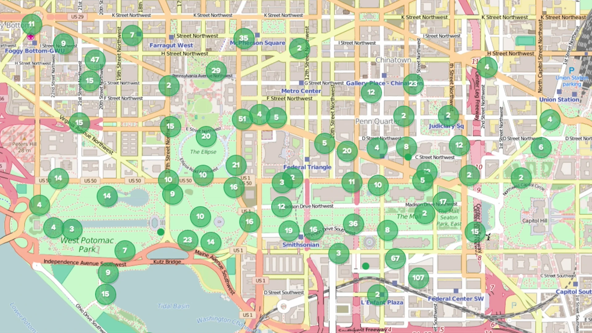 A map of the National Mall in Washington, DC showing the location of the SIGMA mobile radiation detectors as deployment participants moved around the city