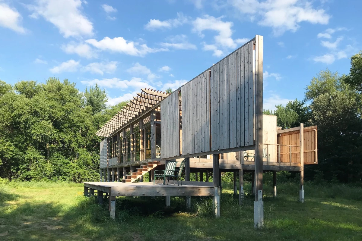 The Glass Cabin's generous glazing can be secured with sliding barn door-style covers when being left for long periods