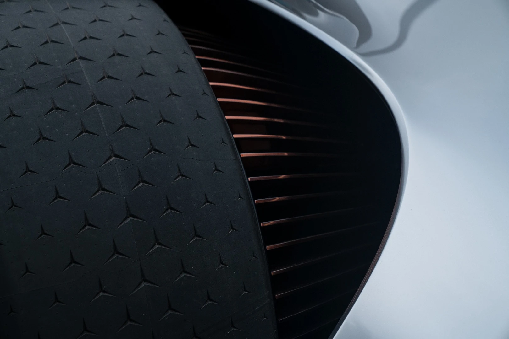 Each wheel of the Vision EQ Silver Arrow concept contains 168 lightweight aluminum spokes painted in rose gold