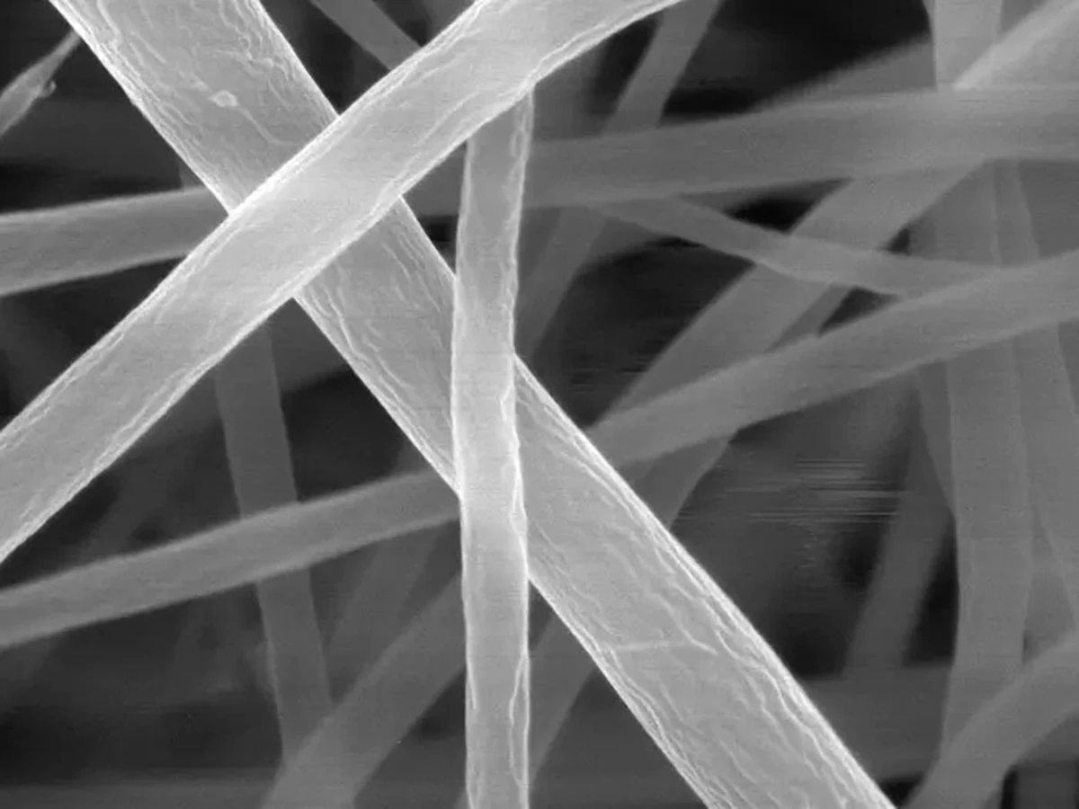 A close-up of the nanopasta from the scanning electron microscope - each individual strand is too narrow to be clearly captured by any form of visible light camera