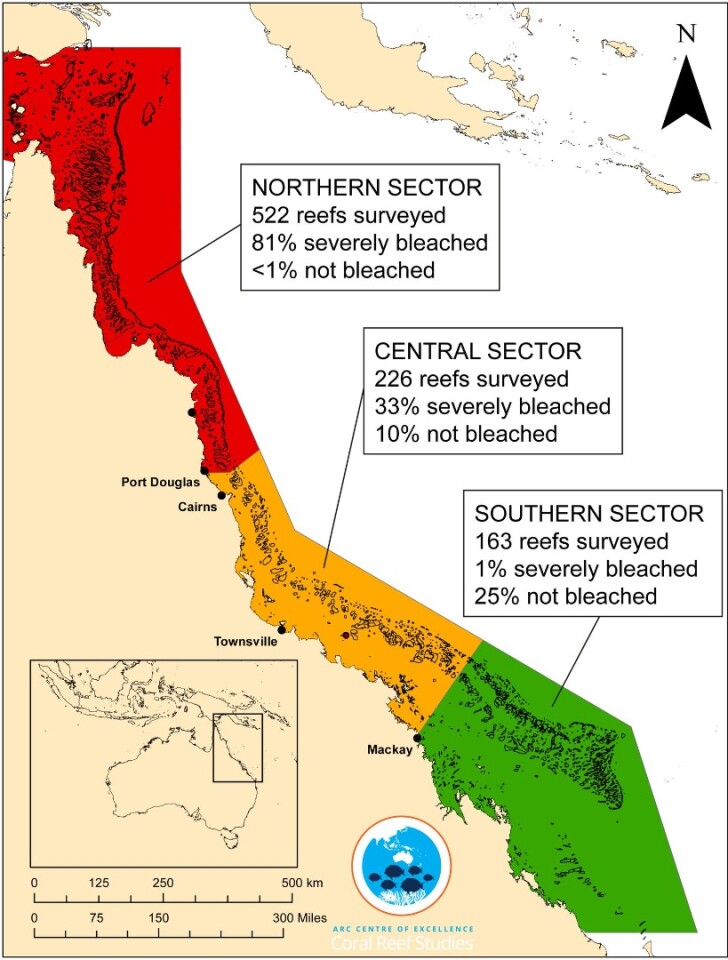 Image outlining the damage to different sections of the Great Barrier Reef