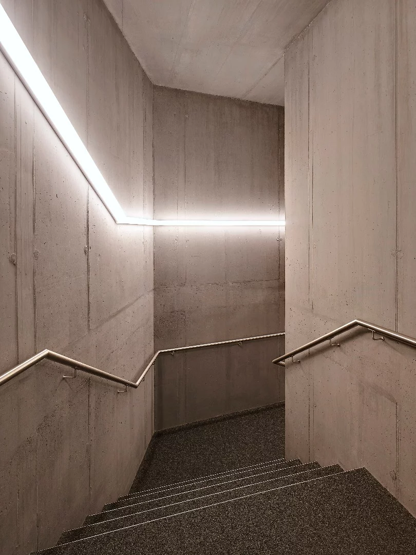 Stairwell inside Switzerland's prefab Revier Mountain Lodge