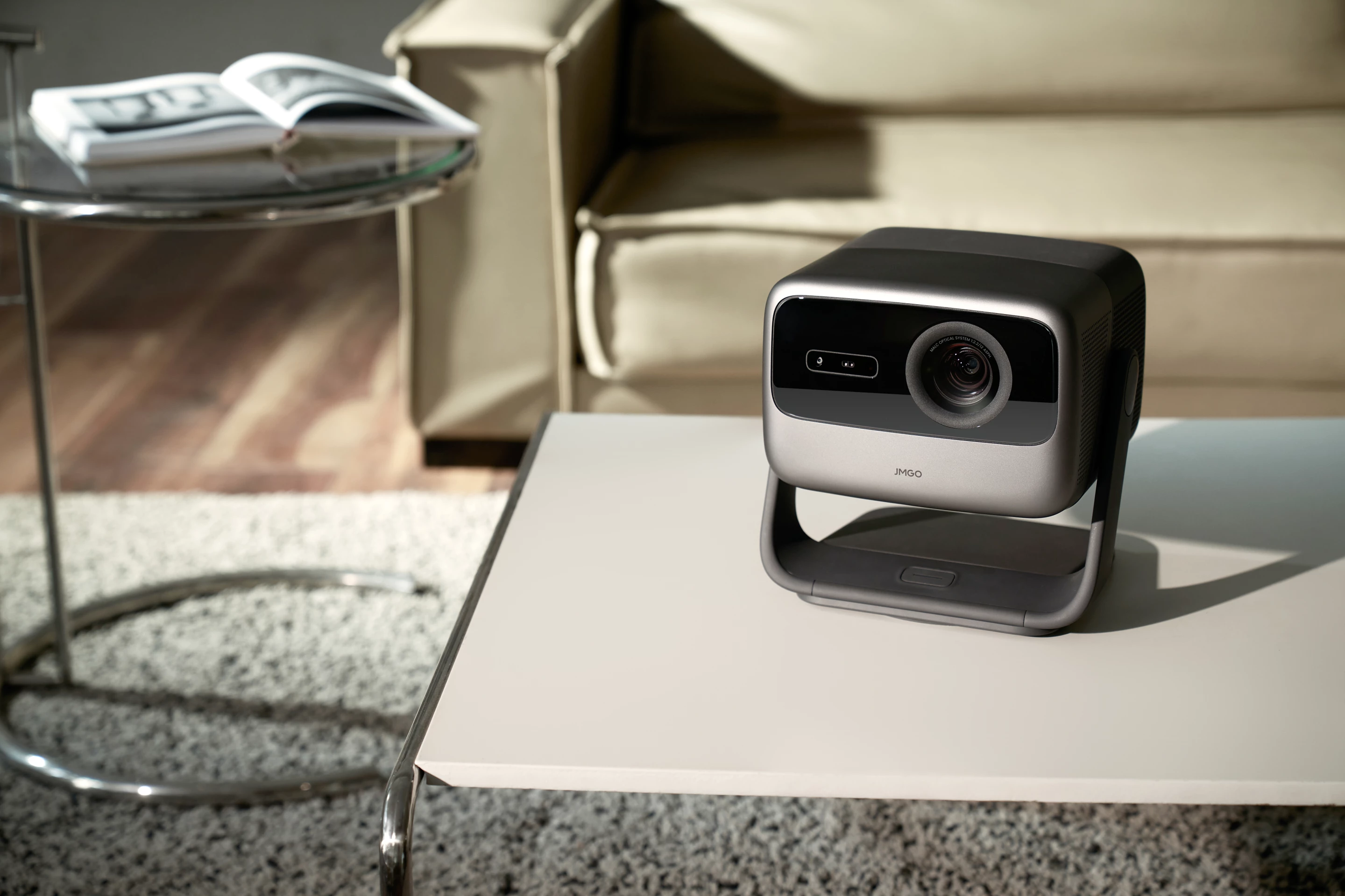 The N1 Ultra projector is mounted to a "gimbal-like" stand that allows for vertical adjustment to 135 degrees, and horizontal over 360 degrees