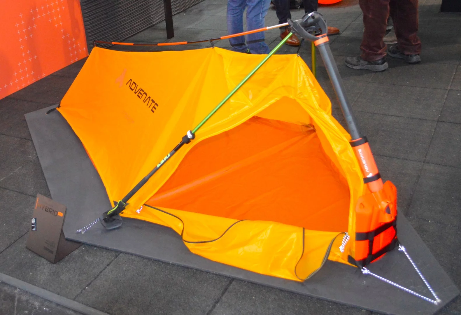 The smart, sleek Hybrid Pro bivy pitches with help from two ski poles, the shovel and the avalanche probe