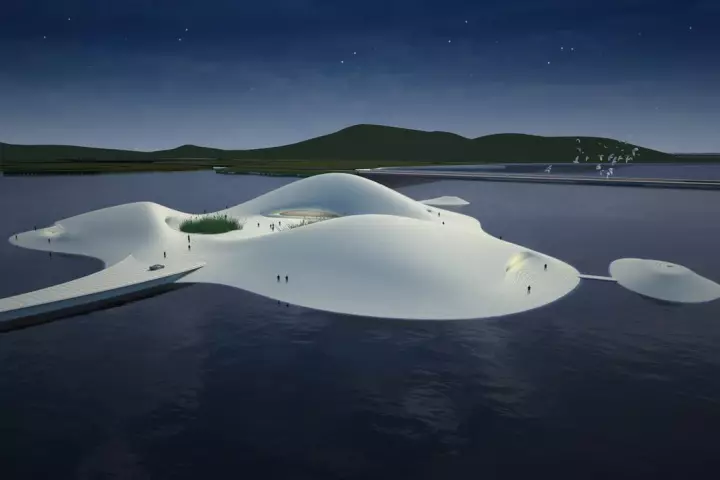 The Pingtan Art Museum will be situated on an artificial island connected to Pingtan Island by an undulating pier