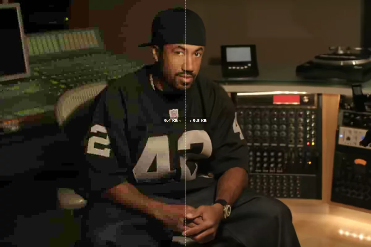 The blocking, color banding and aliasing artifacts of heavily compressed JPEG (left), while the heavily compressed BPG (right) looks much smoother