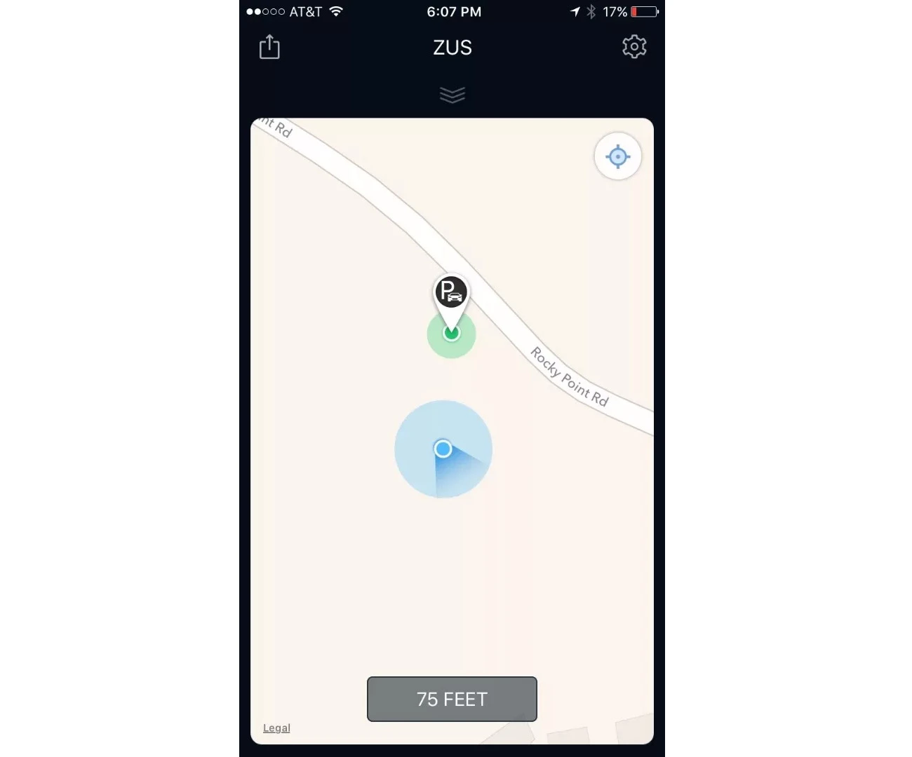 Map location of your car, with Zus inside