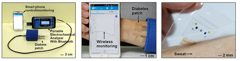 The teams says that hooking up the patch to a wireless power supply and data transmission unit can allow non-invasive monitoring of glucose levels in the blood stream
