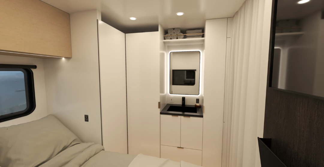 The two-panel door adds to the bathroom's flexibility