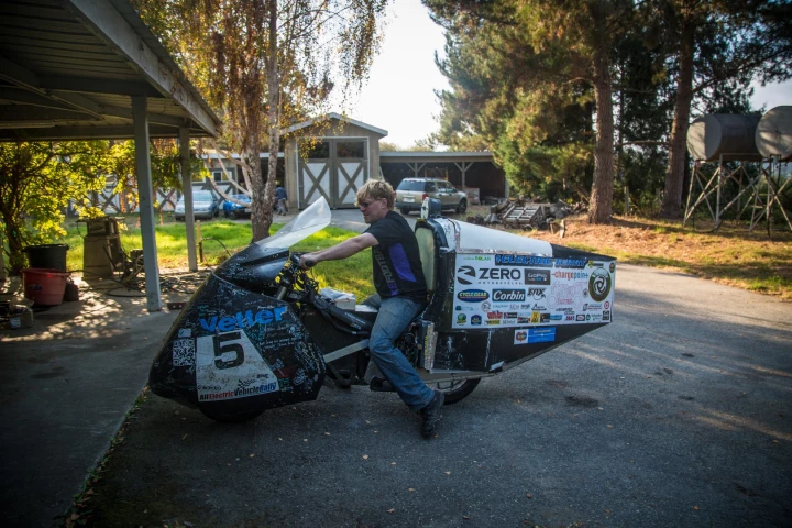 Electric Terry and his cross-country-record-setting Zero bike, at Craig Vetter's apocalypse-proof compound in the California hills
