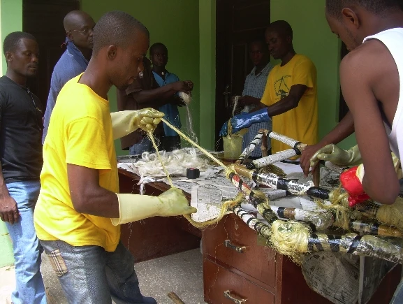 Workers building bamboo bikes in Ghana