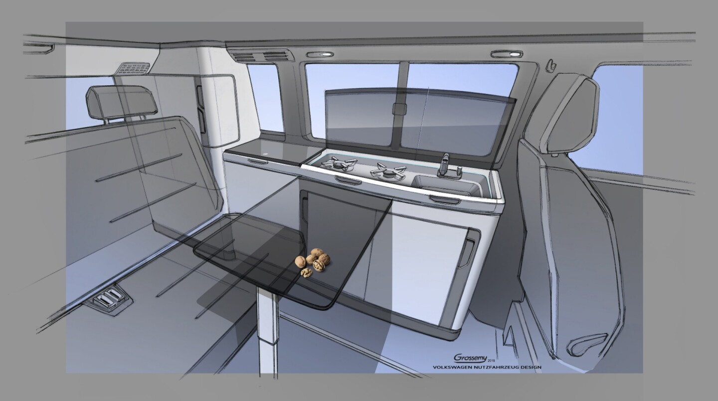Volkswagen speaks about enhancements and optimizations to the living area and appears to be alluding to walnut trim in this sketch