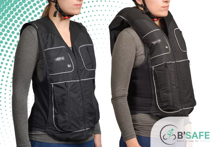 The B'Safe cycling vest, in its regular and inflated states