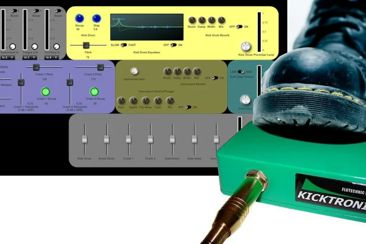 Kicktronic is an electronic bass drum and virtual backing band system where the player controls the backing instruments by tapping a foot on the sensor