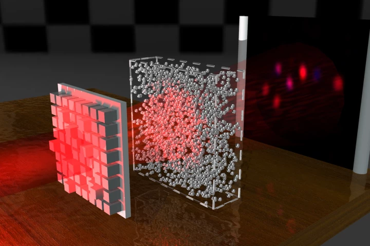 A simulated image of the experimental setup, where light waves can be manipulated so they project the image of the Big Dipper through the opaque scattering medium (zinc oxide) as though the barrier isn't there
