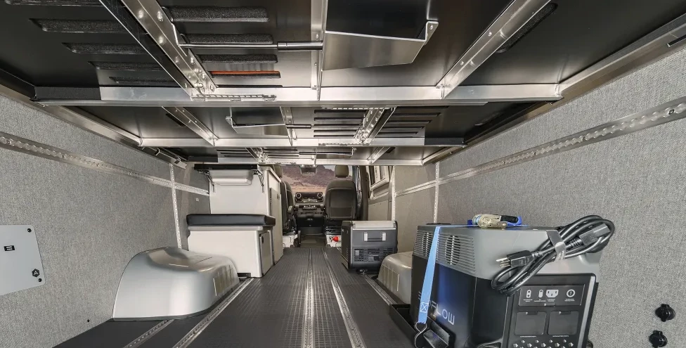 Instead of a hardwired electrical system, the Winnebago + Adventure Wagon camper van uses an EcoFlow portable power station