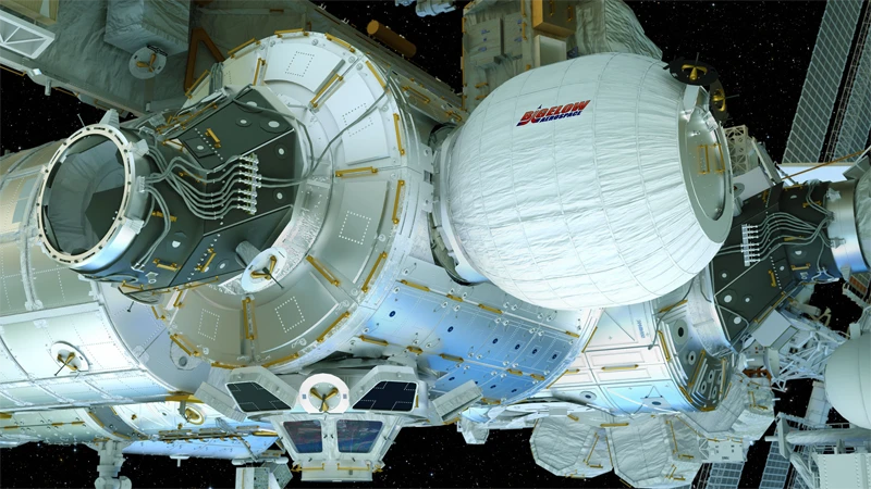 A mockup of the Bigelow Expandable Activity Module (BEAM) that is scheduled to launch for the ISS on Friday