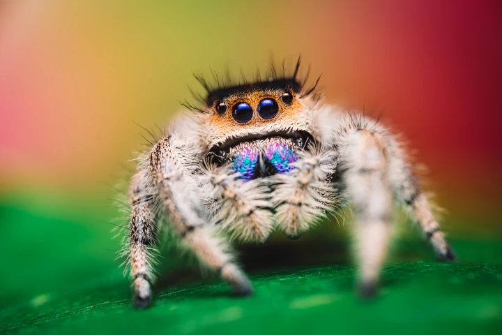 A female P. regius, another of the keen-sighted North American jumping spiders, which only grows to a maximum 0.87 in (22 mm) in size.