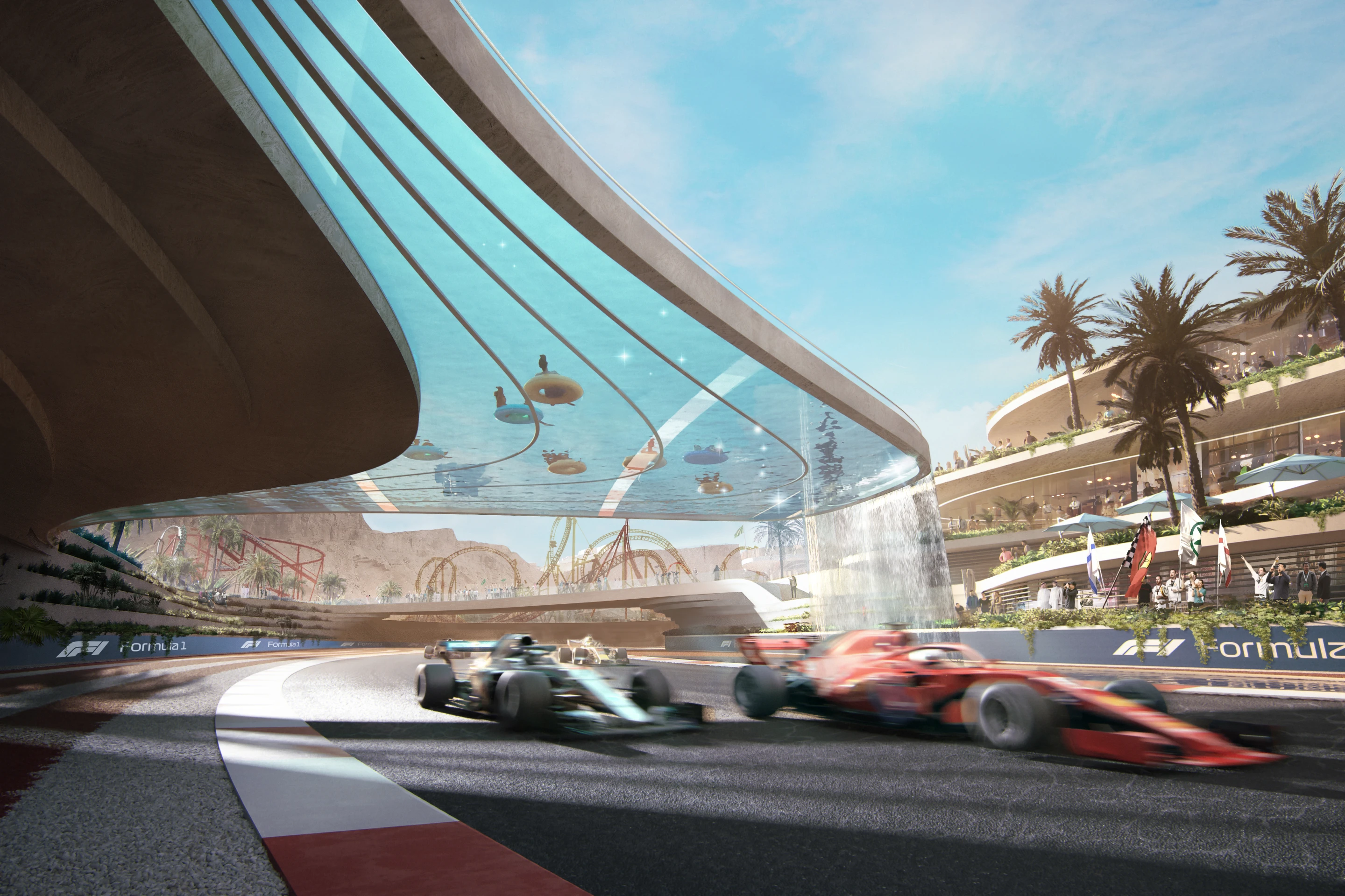 Qiddiya will include a Speed Park motor sports venue that the renders depict hosting Formula 1 motor racing