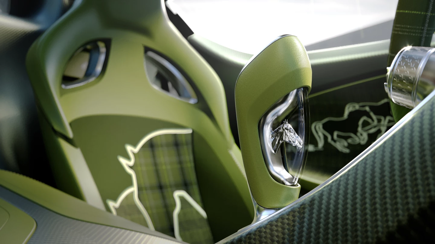 Inside the Bugatti Brouillard, you find bespoke embroidered horse-motifed tartan fabrics from Paris, on the seats and door