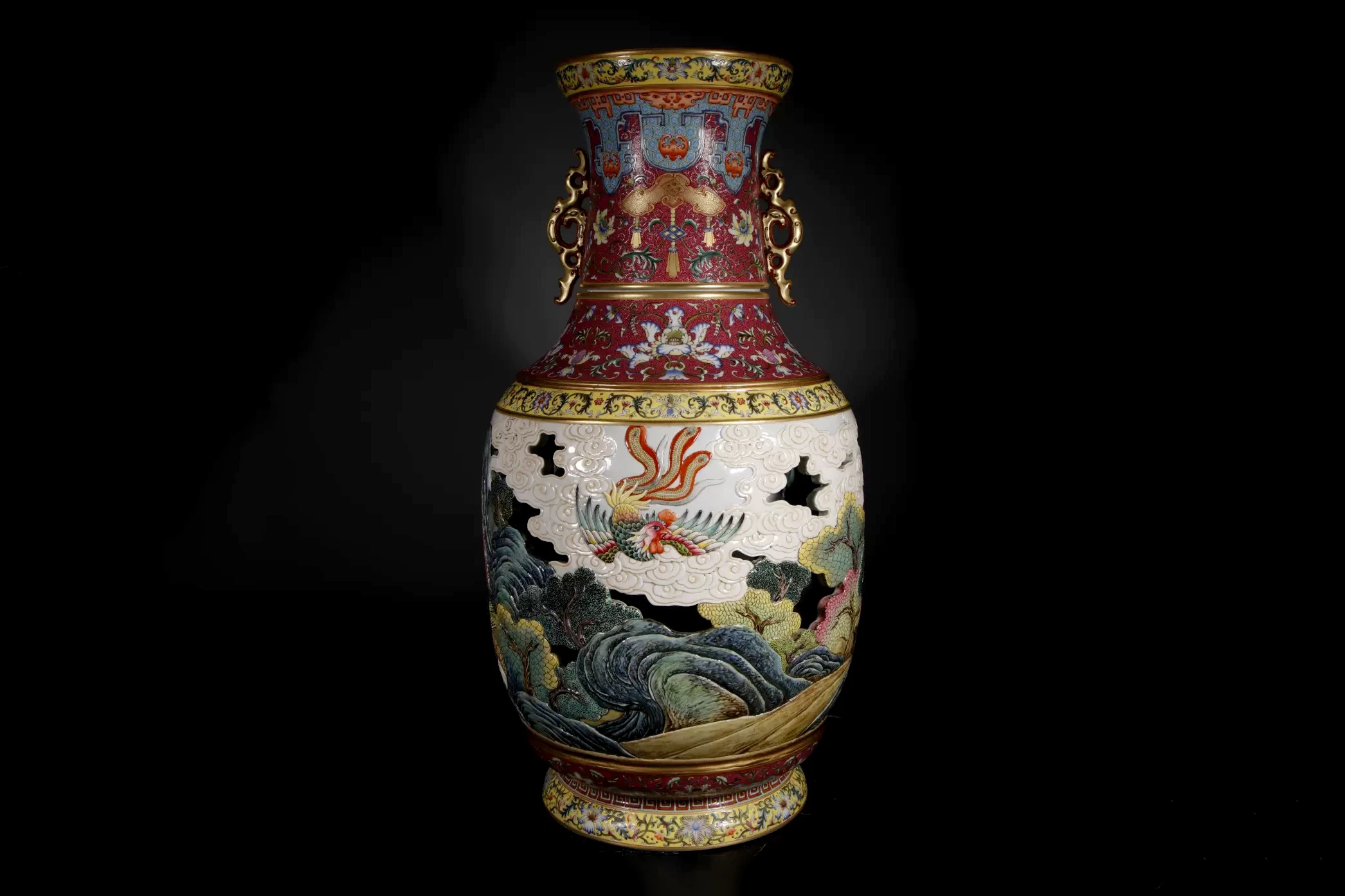 This Yangcai Ruby-Ground with Carved Open-Work ‘Phoenix Scene’ Revolving Vase sold for RMB 265,650,000 ($41,547,660) at Polyauction Beijing on 7 June 2021 becoming the most expensive ceramic in history