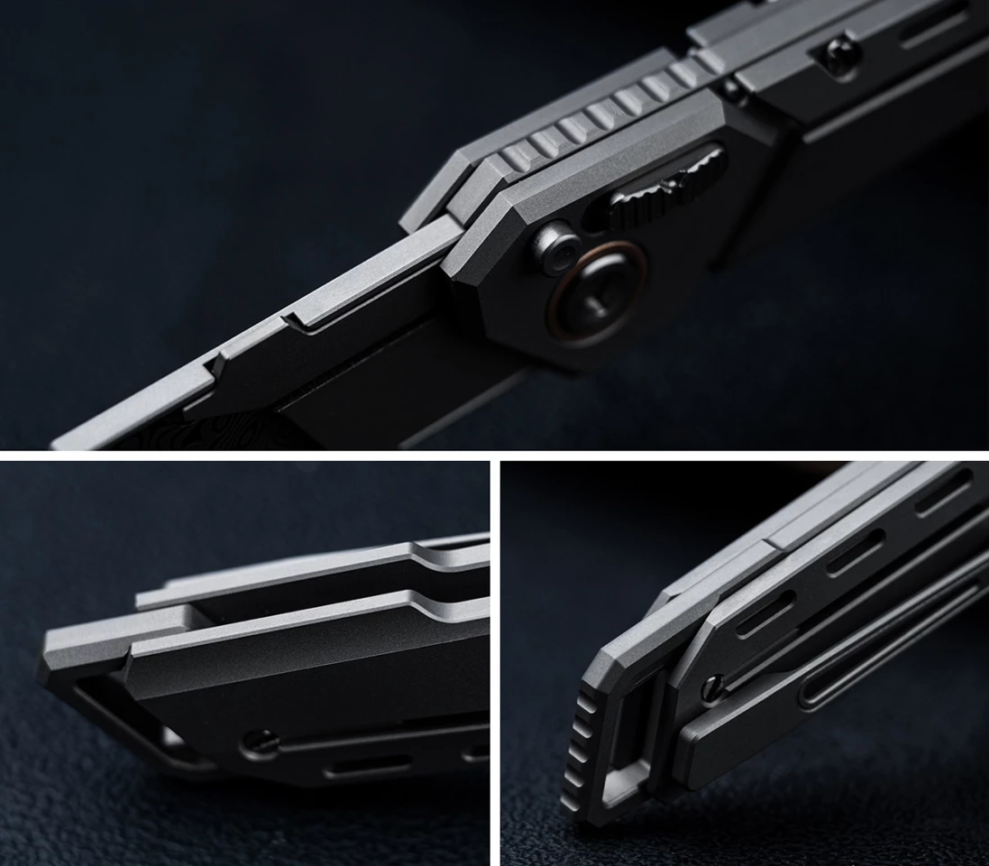 The Ti folding knife is thoughtfully detailed, with chamfered metal parts, a textured grip, and a lanyard slot