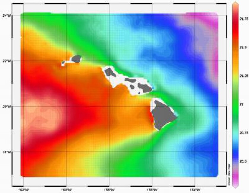 Average ocean temperature differences (at water depths of between 20m and 1000m) around the main Hawaiian Islands for the period July 1, 2007, through June 30, 2009
